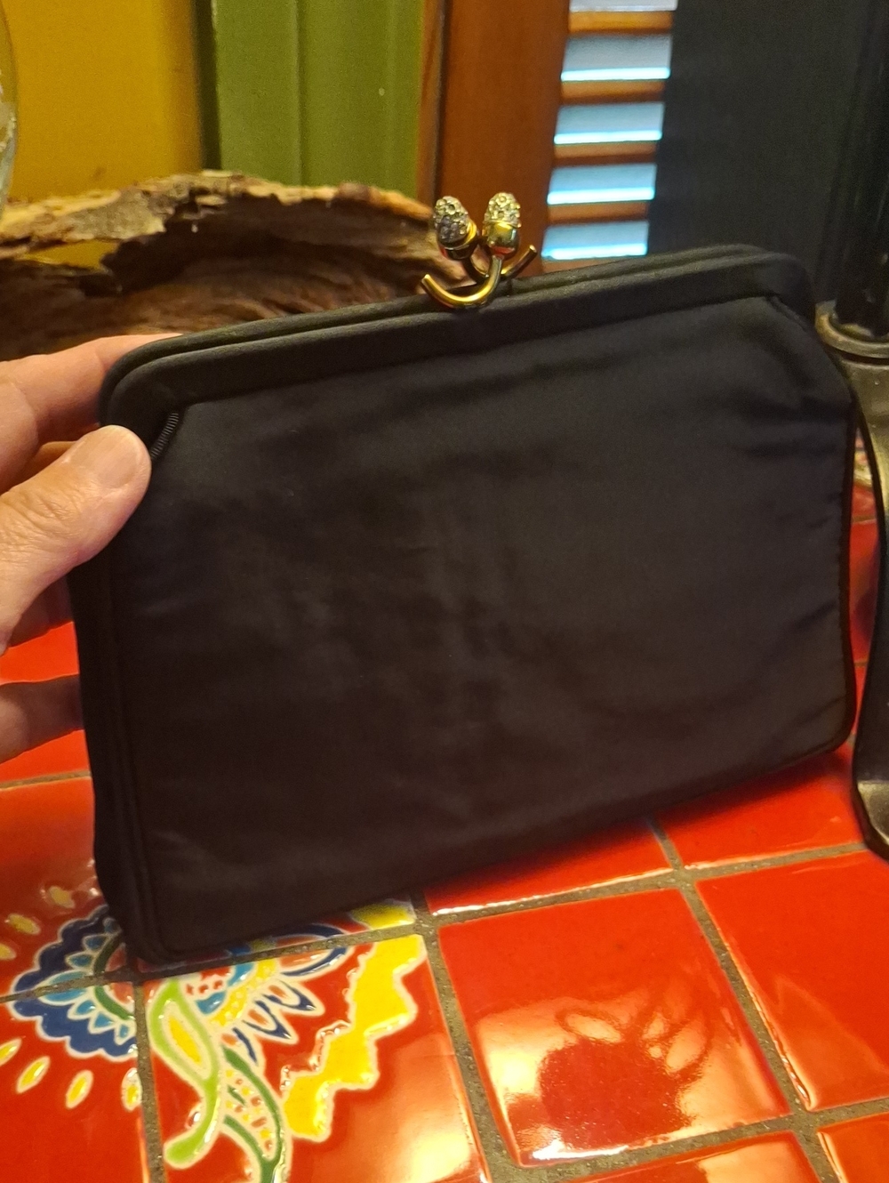 GARAY VNTG BLACK SATIN CLUTCH PURSE W JEWELED SNAP & ATTACHED CHANGE PURSE
